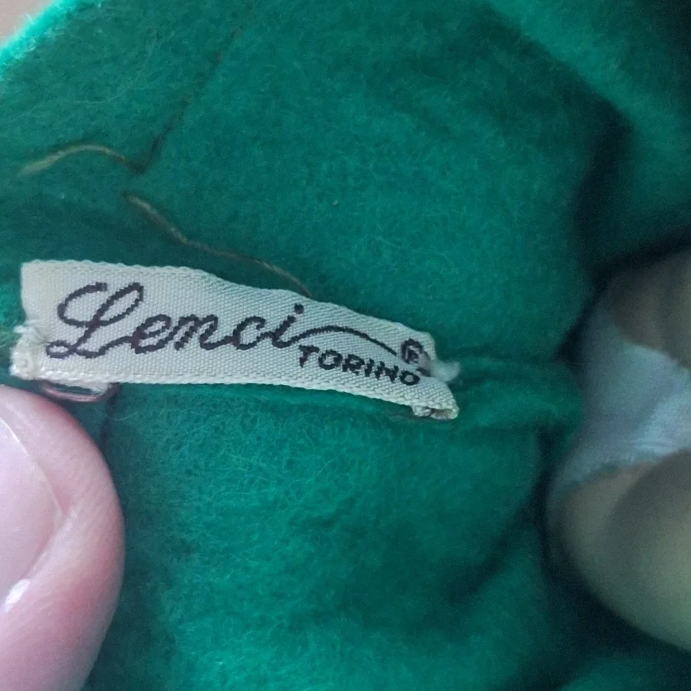 Lenci Torino Vintage Miniature Felt Doll Lace Apron Bonnet Green 7.5 Inch